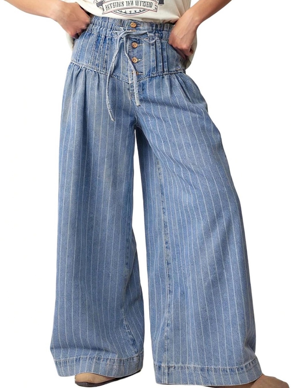 Baggy Wide Leg Pinstriped Blue Denim Pants